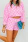 Dark Blue Plaid Checkered Long Sleeve Crop Top Elastic Waist Shorts Two Piece Set