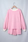 Pink Striped Long Sleeve Crew Neck Drawstring Waist Shorts Set