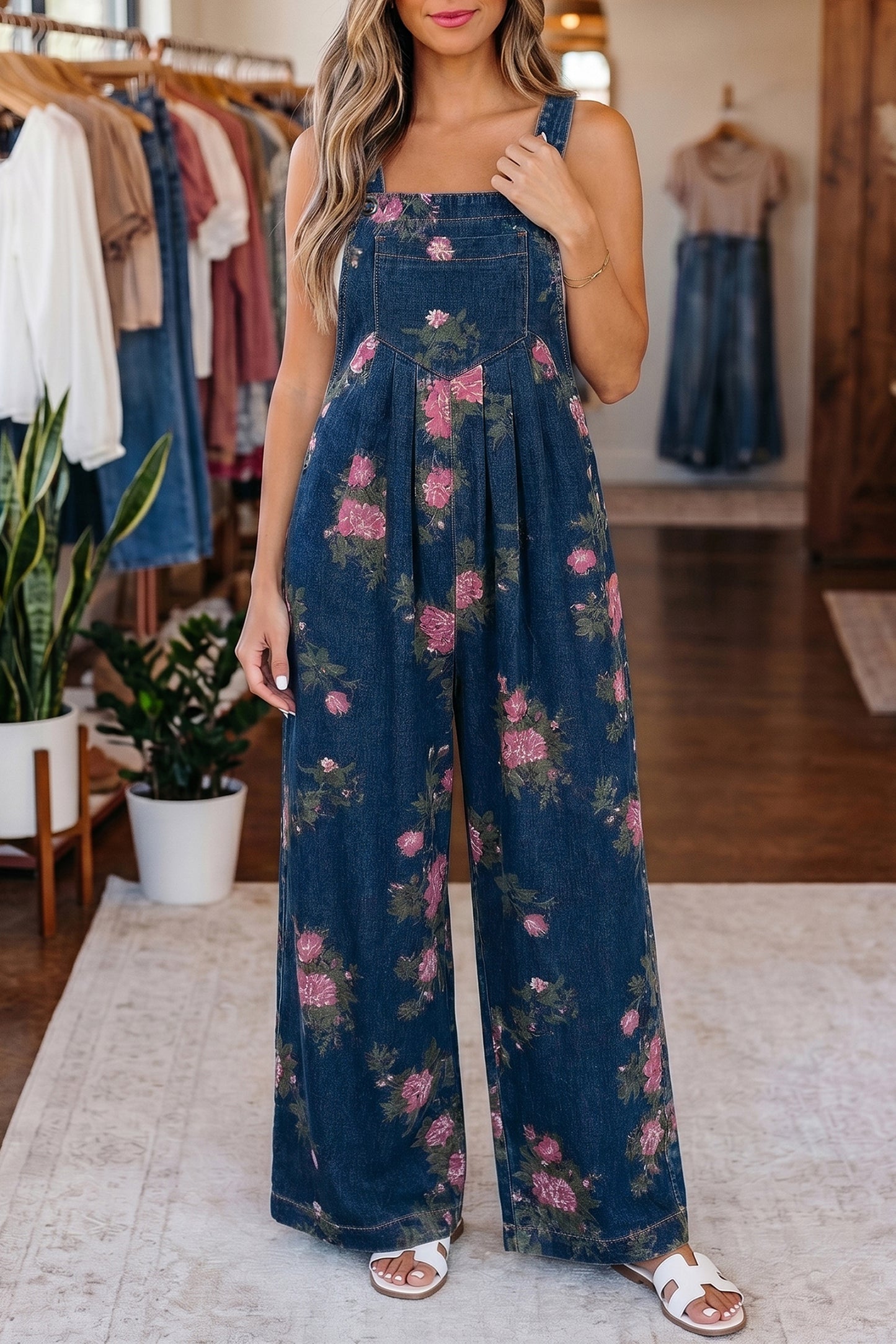 Gray Beau Floral Print Pleated High Waist Wide Leg Denim Jumpsuit