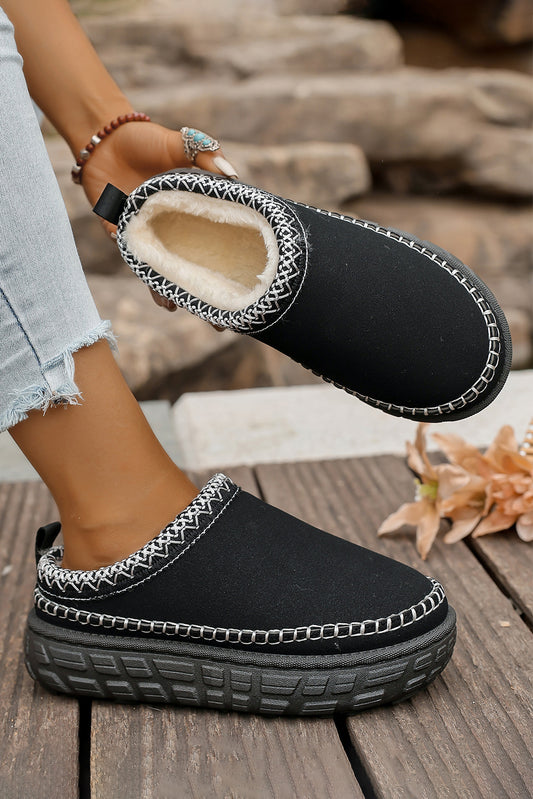 Black Faux Suede Woven Trim Plush Lining Platform Slippers