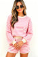 Pink Striped Long Sleeve Crew Neck Drawstring Waist Shorts Set